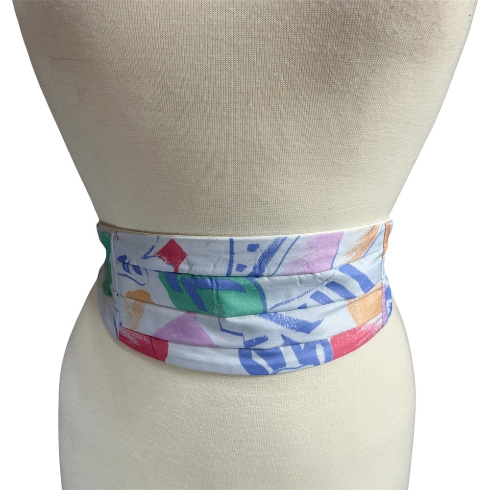 VTG 80s Abstract Floral Statement Waist Belt Cummerbund Blue Pastel USA OS Funky